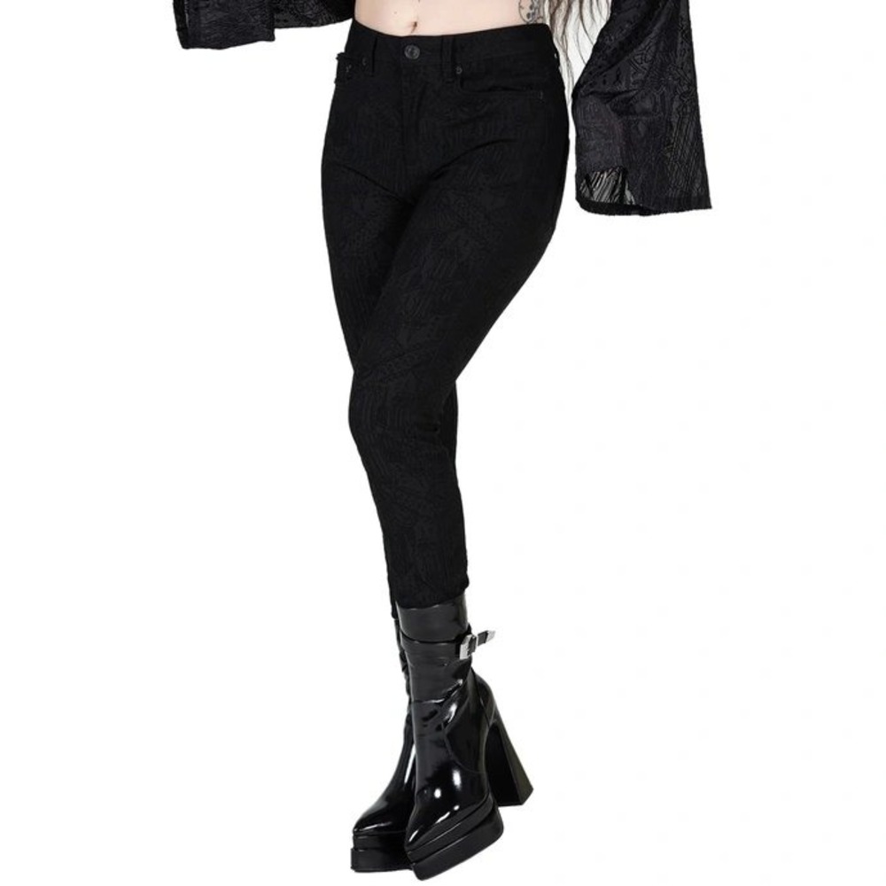 Killstar Sacred Sinner Trousers Black Cathedral Print Gothic Slim Pants Small